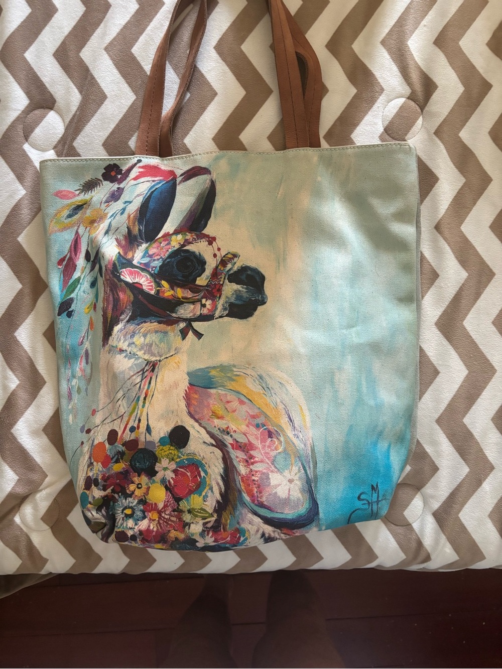 Canvas Tote Bag with Colorful Llama Print - Brown Handles